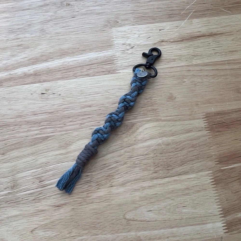 Handmade Macrame Rope Braid Keychain, Blue And Gray, Basketball Stamped Charm